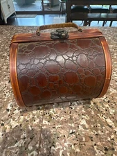 Vintage Boho Trinket Storage Box Metal Closure Wood & Leather 6”x6” Home Decor