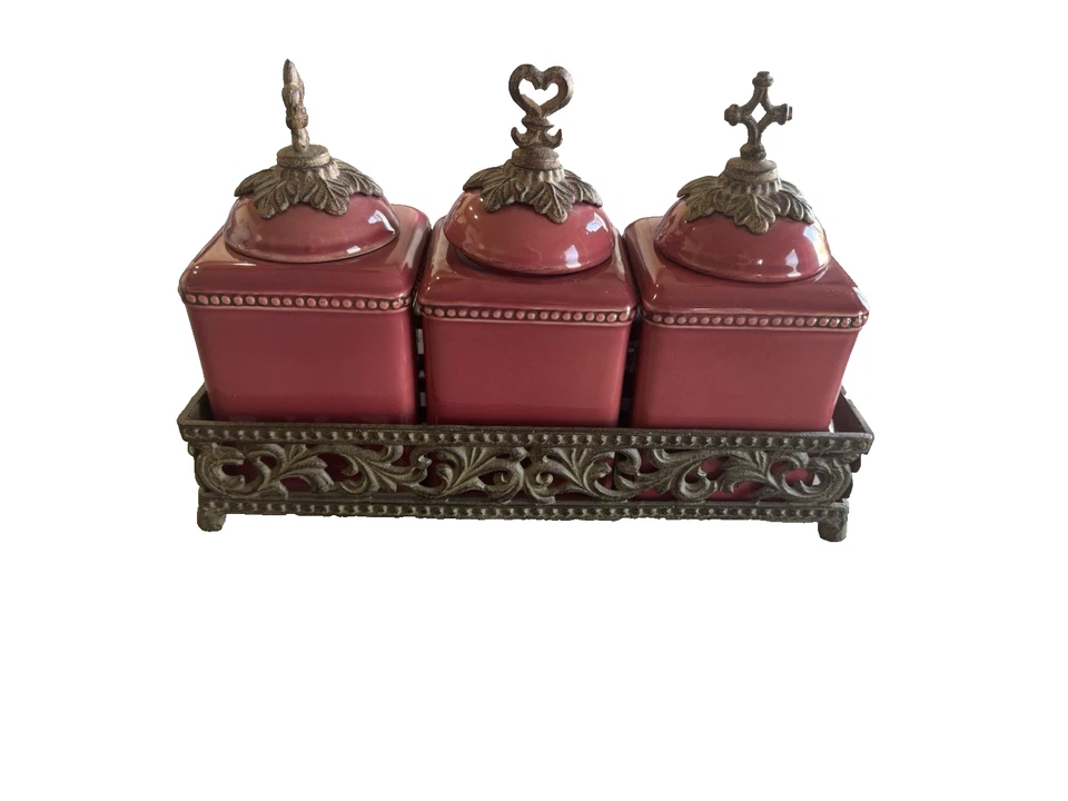 Genuine GRACIOUS GOODS GG Faith Hope Love Green Canister Set Acanthus Leaf Base - Image 4 of 4