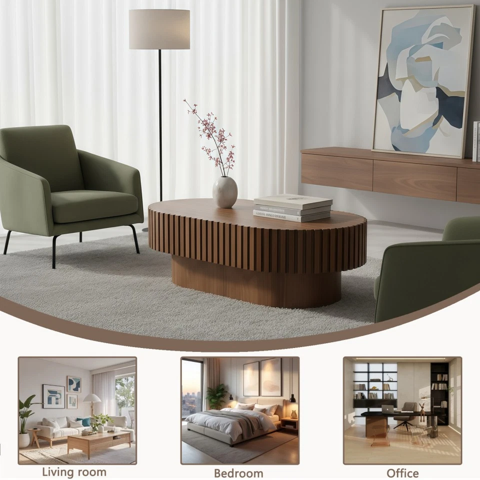 椭圆形咖啡桌中世纪现代凹槽咖啡桌带底座 — 第 4/4 张图片