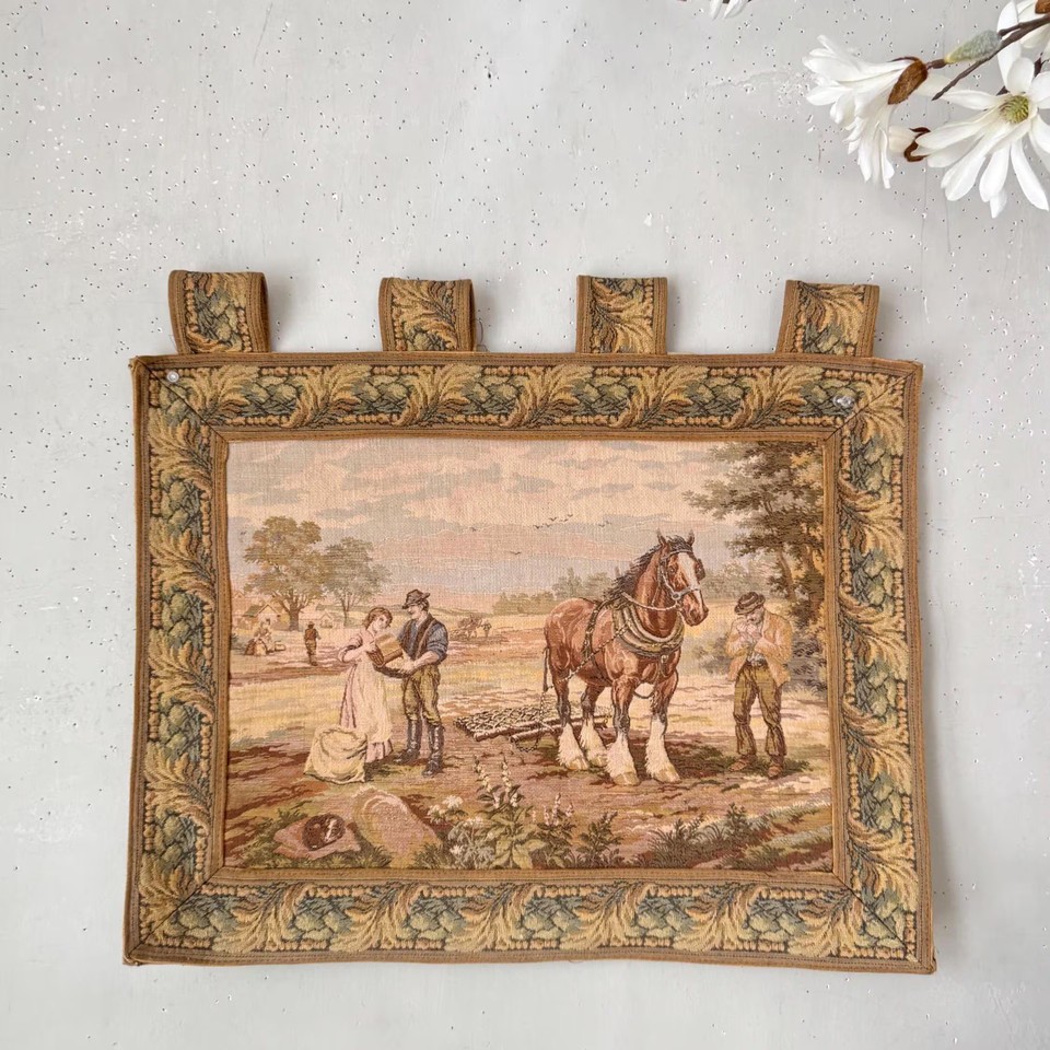 21.5x16.5 Vintage Tapestry Wall Art Handmade Farm draft Horse Scene Jacquard Wo