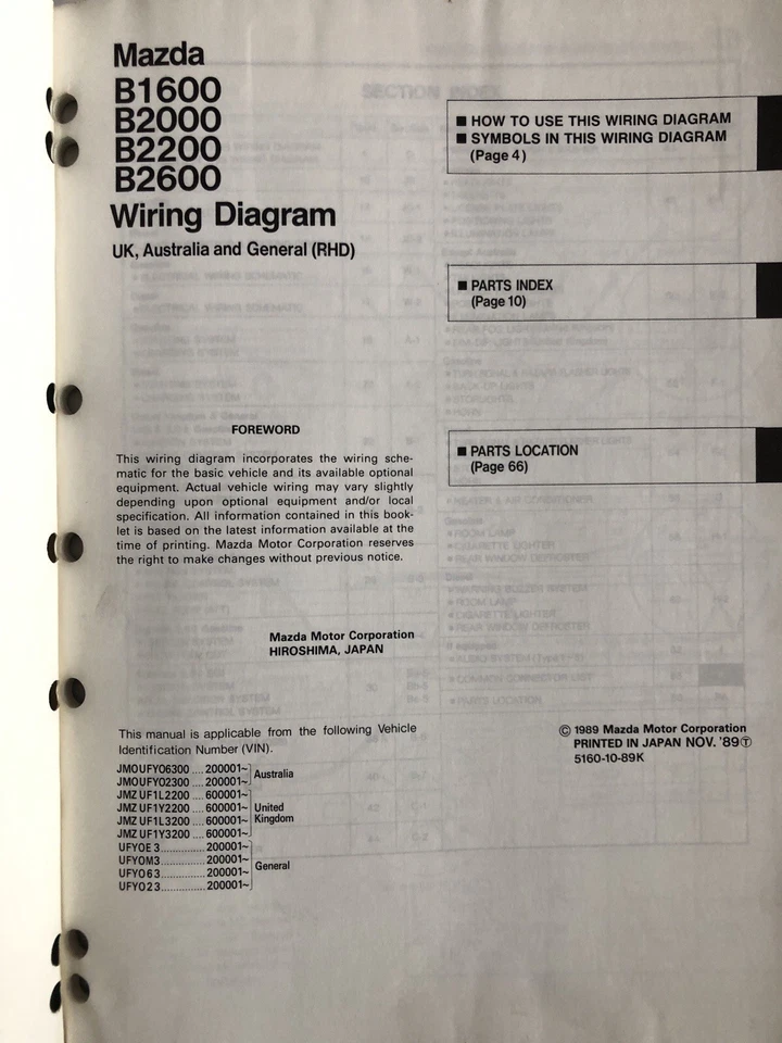 Mazda B1600 B2000 B2200 B2600 Wiring Diagram R.H.D Markets Factory Original 1989 - Image 2 of 3