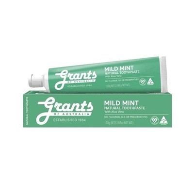 GRANTS of Australia MILD Mint Natural Toothpaste + ALOE Vera Oil No Fluoride/SLS
