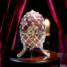 Vintage Red Enamel & Crystal Russian Palace Music Box Footed Egg Shape ~ 3.75"