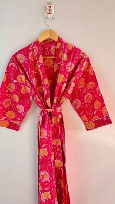 Indian Pink Kimono Floral Cotton Bridal Bath Robe Summer Nightwear Gown US