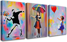 Trittico Banksy in Tela Con Cornice Legno: 3 Quadri Moderni per Soggiorno E Came