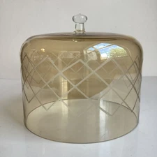 Vintage Etched Glass Cheese Dome Cake Pastry Cloche Clear Amber Tint 7x5” Grid