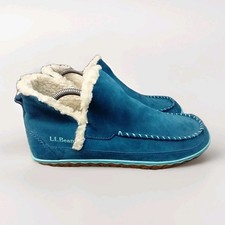 LL Bean Wicked Good Mountain Slippers, Boot Women 9 Teal Suede Faux Shearling