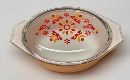 Vintage Pyrex Friendship 043 1 1/2 QT Orange Casserole Clear Patterned Lid 👀