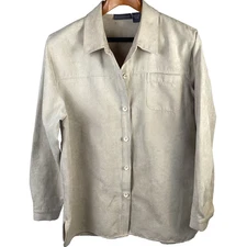 Relativity Size XL beige Faux Suede Long Sleeve Button-Up Top Collared Pocket