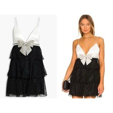 NWT Alice + Olivia Black & White Crystal Bow Tiered Lace Mini Dress — Size 12 