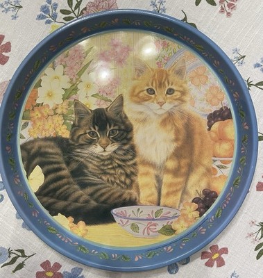 Round Blue Rim Tin Cat Serving Tray  Paddy And Cricket 