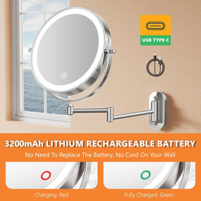 8'' Wall-Mounted Lighted Makeup Mirror 1X/20X Magnification 360�Rotation- Chrome
