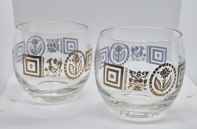 Lot of 2 Culver Glass Coronet Roly Poly Rocks Glasses Vintage MCM Gold Detail