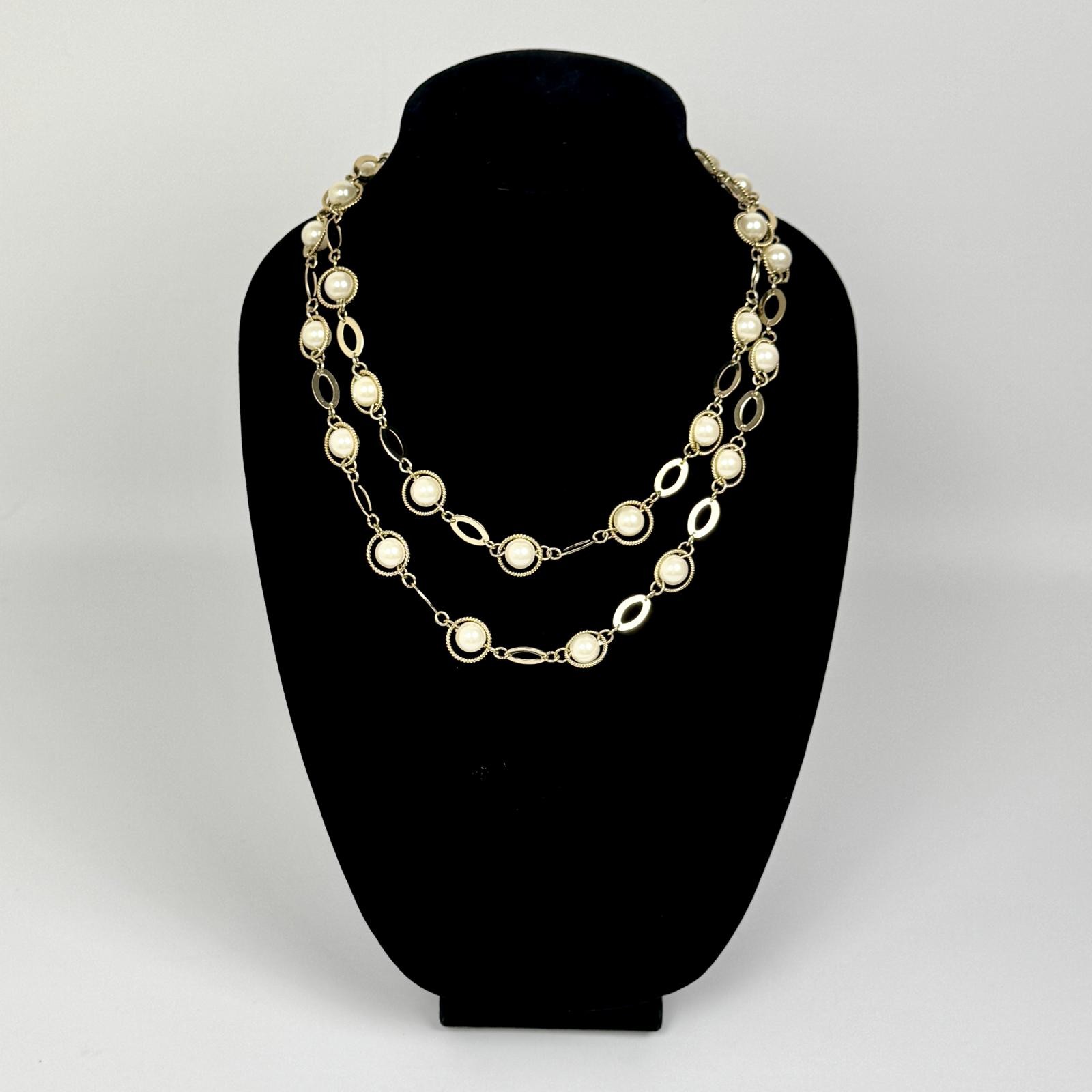 Talbots Double Strand Gold Tone Faux Pearl Station Necklace