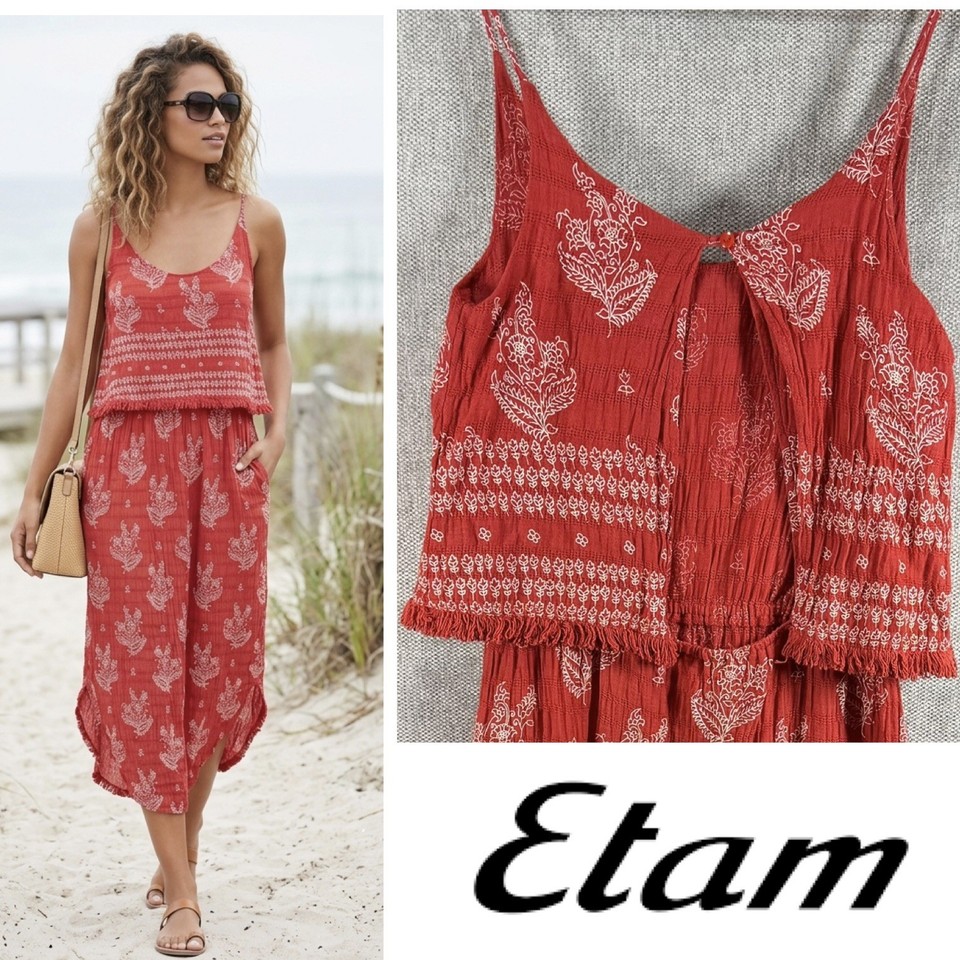 Etam Red Floral Fringe Top Midi Sundress Size S Resort Beach Boho Summer Holiday
