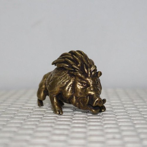 Old Chinese Bronze Copper Feng Shui Animal Pig Wild Boar Statue Sculpture - Picture 2 of 5