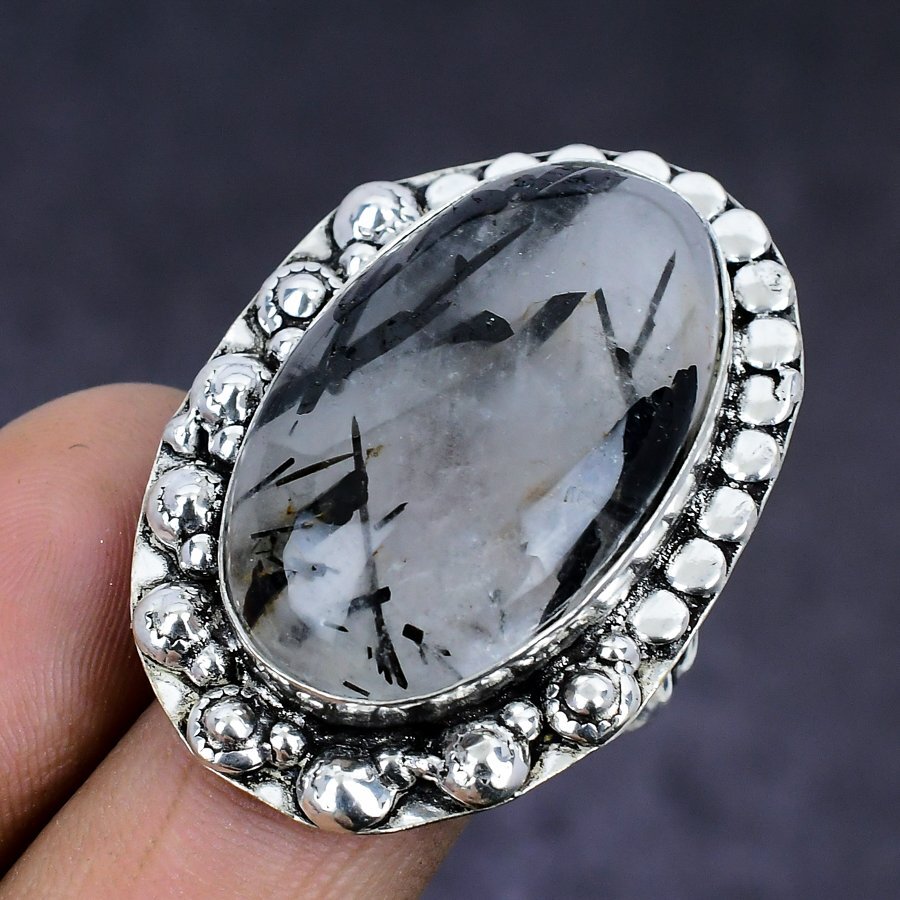 Black Rutile Gemstone 925 Sterling Silver gift Jewelry Ring Size