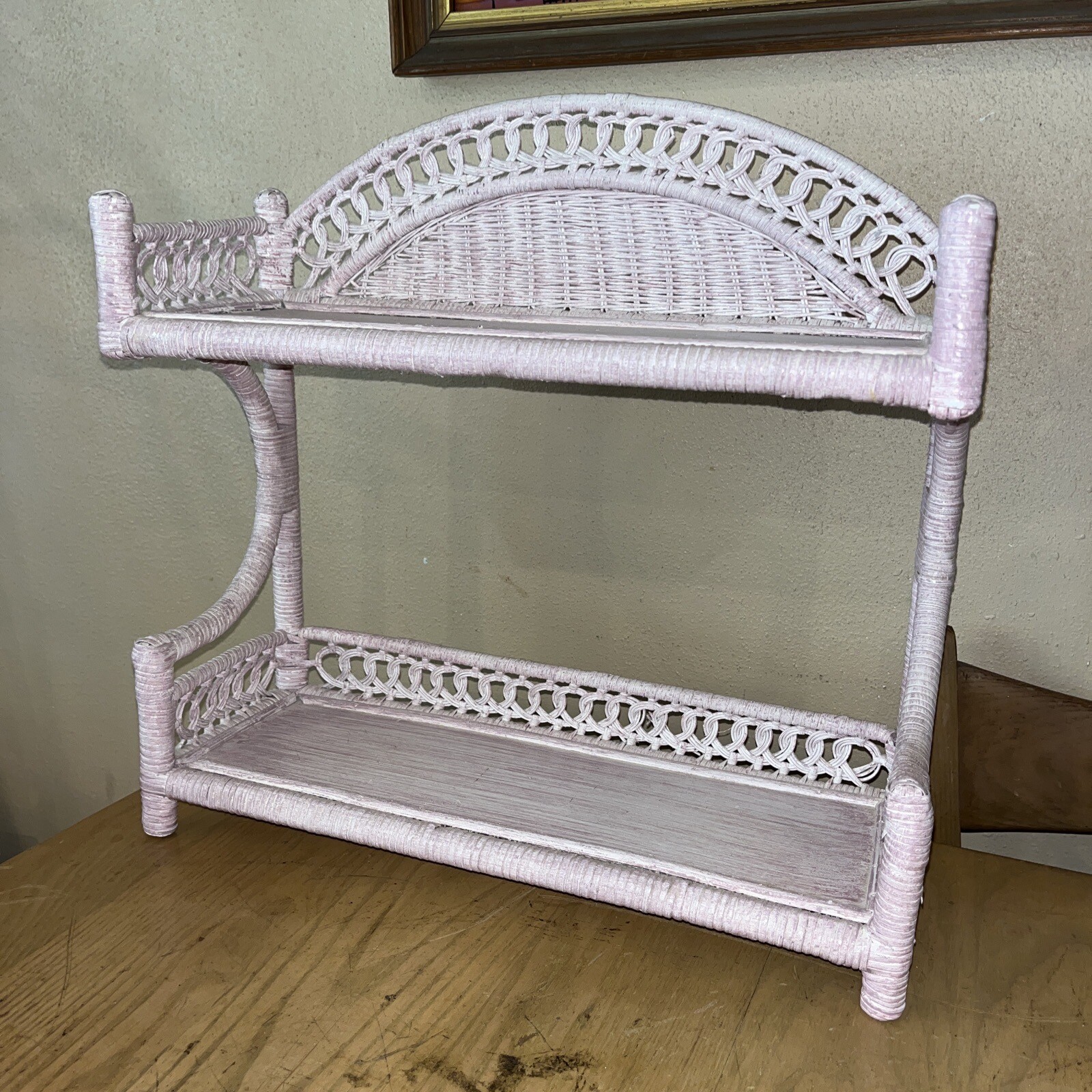 Vintage 70s Boho Pink Woven Wicker Display Shelf Curio Bathroom Wall