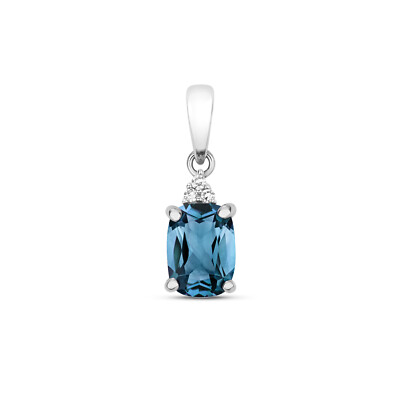 Pendentif Or Blanc 9 Carats Avec Diamant Et Topaze Bleue - 15x9mm, Neuf Avec étiquettes !