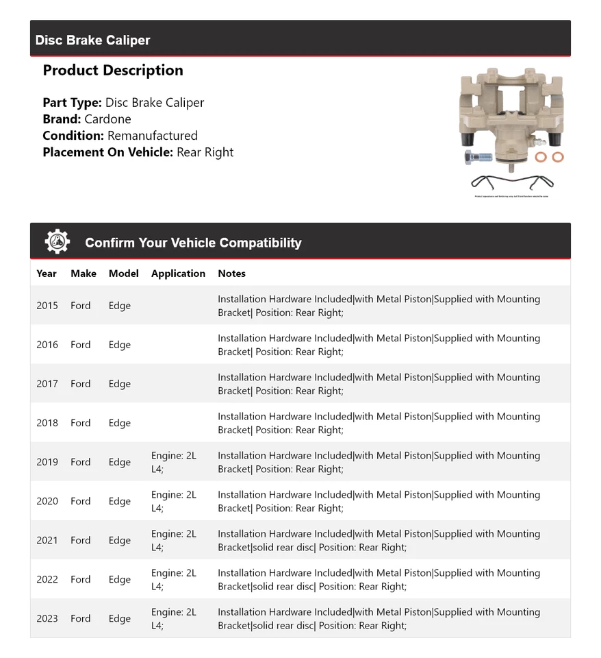 适用于 2015 - 2023 福特 Edge 盘式制动卡钳右后 Cardone 2016 2017 — 第 2/4 张图片