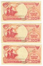 1992 Indonesia 100 Rupiah Banknotes x3 – Consecutive Serial Numbers Collectable