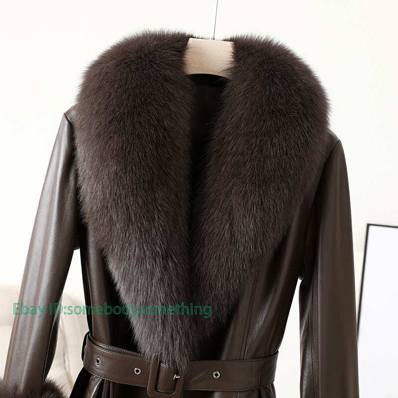 Women's 100% Real Leather Fox Fur Collar Slim Fit Jacket Long Coat