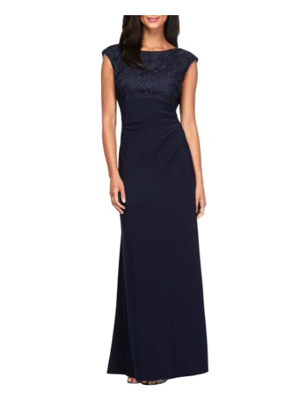 ALEX EVENINGS Embroidered JERSEY & LACE Cowl Back Navy Gown 12