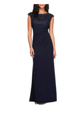 ALEX EVENINGS Embroidered JERSEY LACE Cowl Back Navy Gown 12