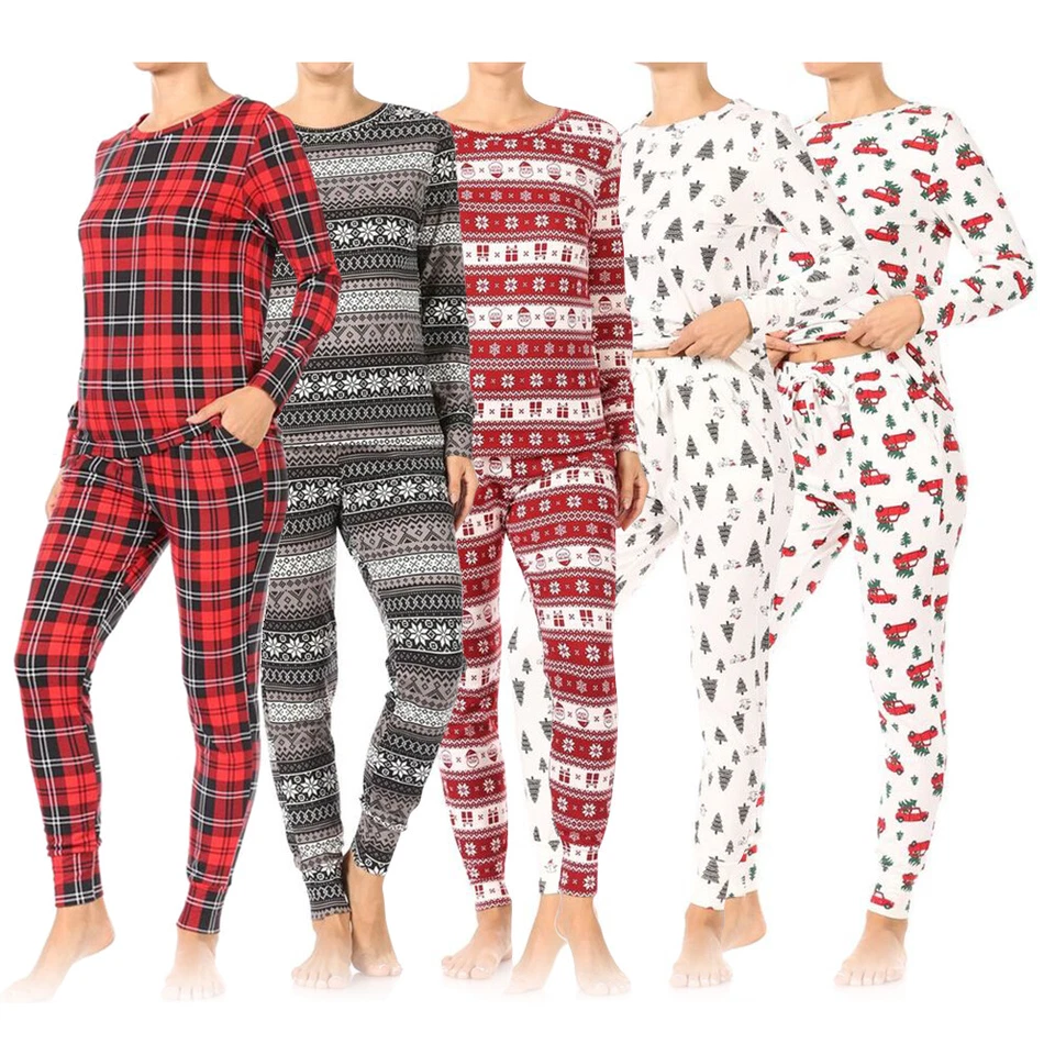 Womens Pajama Set Holiday Set Fleece Lined Christmas 2 Piece Top and Bottom Set