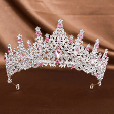 Wicked Silk Prom, Quinceanera Jeweled Crown Tiara Headband - Silver Pink
