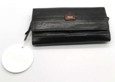 Portefeuille long Chloé bi-pli en cuir noir marron logo doré unisexe avec car...