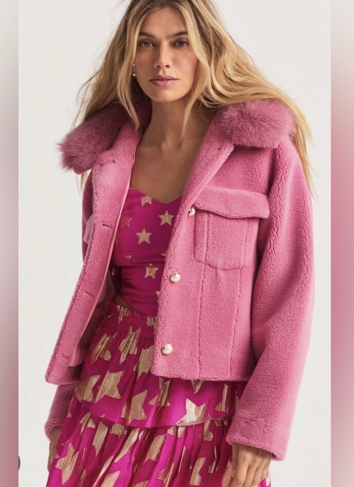 LoveShackFancy Musica Jacket in pink with Fox Fur Collar NWT | eBay