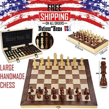 LARGE Vintage Wooden Chess Set Wood Board Hand Carved Crafted Folding Game