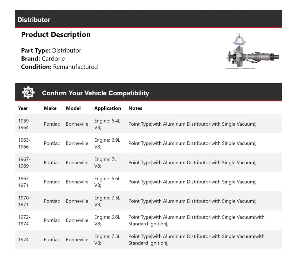 Para Pontiac Bonneville 1959-1974 Distribuidor Cardone 1960 1961 1962 1963 1964 Foto 2 de 4