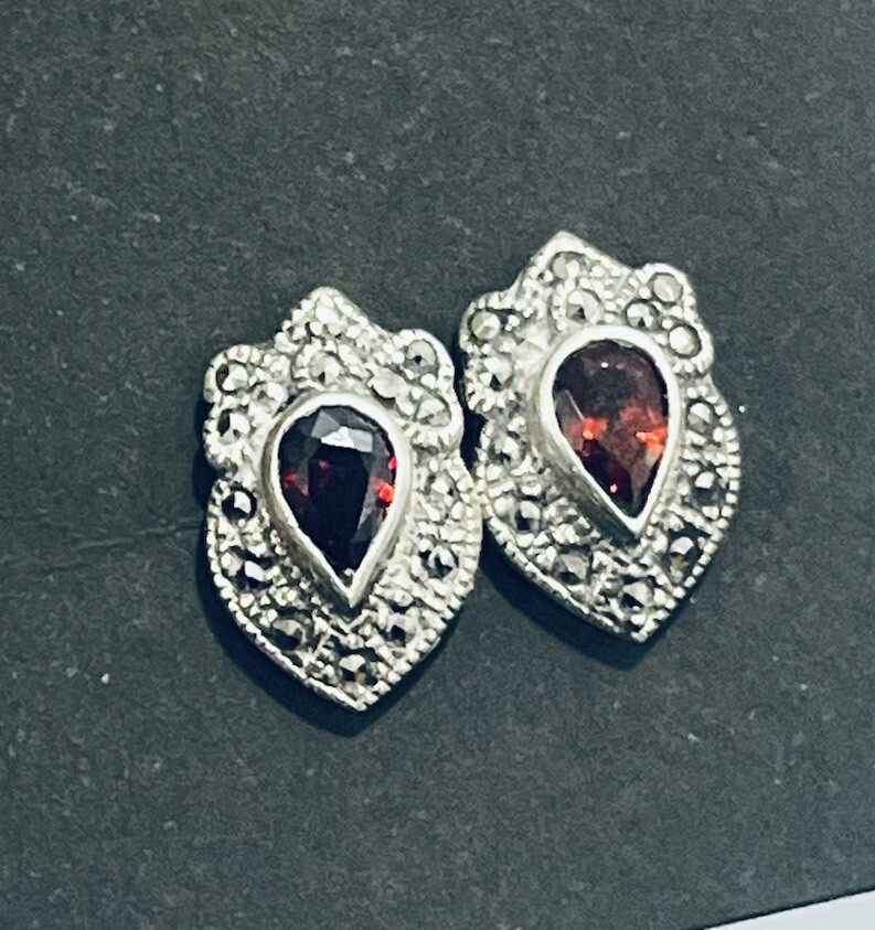 Garnet Marcasite Stud Earrings Vintage Sterling Silver 925