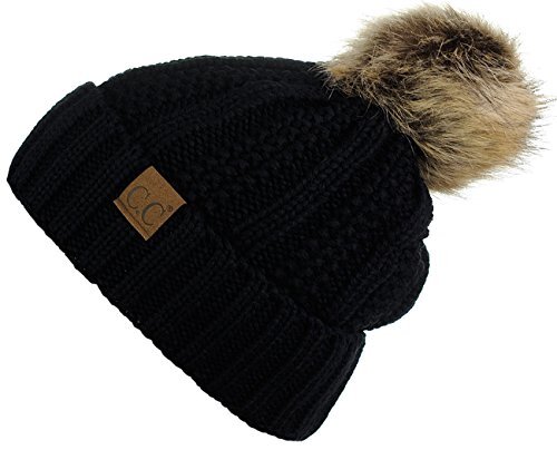 Thick Cable Knit Faux Fuzzy Fur Pom Fleece Lined Skull Cap 