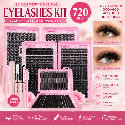 DIY Lash Extension Kit Clusters Individual Eyelashes Kit 9-16mm with Bond and Se
