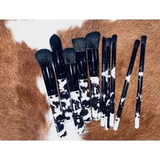 Western Makeup Brush Set - 10 Piece Cosmetic Brushes - Cow Print Design New NIP