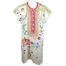 Johnny Was Biya Boho Ethnic Embroidered Art to Wear Artsy 100 Linen Tunic Dress