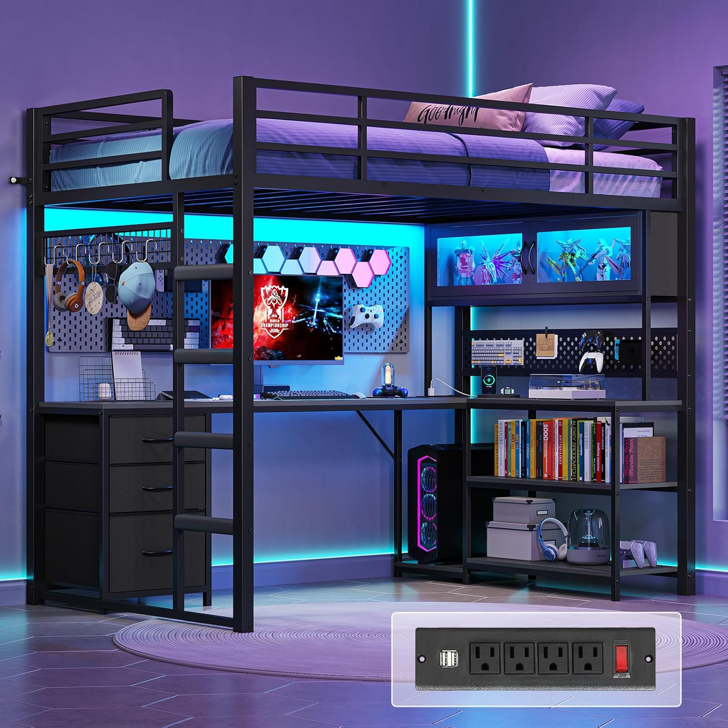 ADORNEVE Twin Size Loft Bed with L-Shaped Gaming Desk, Stora