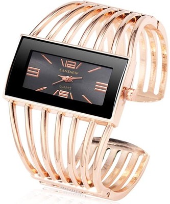 Women's Rose Gold Cuff Bracelet Watch Rectangular Dial Retractable Hollow Bangle