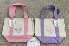 NWT TRADER JOE'S MINI PASTEL CANVAS TOTE BAG ~ SET OF 2 ~ PINK & PURPLE