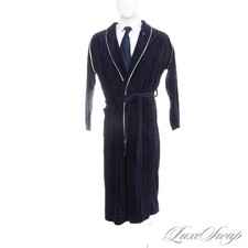 Vintage 1980s Christian Dior Monsieur Navy Blue Velour Piped Monogram Logo Robe