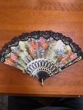Spanish floral fan with box, slight edge wear, no fabric damage