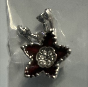 STERLING SILVER Metal Red Flower Charm Pendant Clear Round Cluster Stone