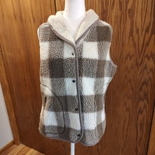 WOOLRICH Buffalo Plaid SHERPA Vest Women's Size Medium Brown White