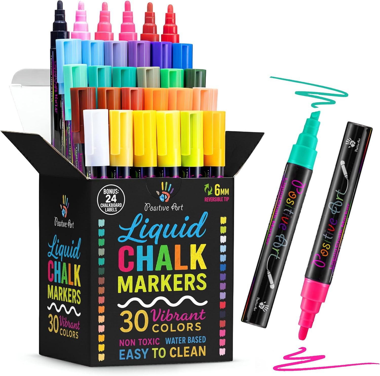 30 Vibrant Neon Colors, Washable & Erasable Ch