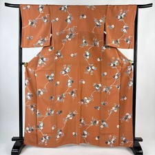 JAPANESE KIMONO FINE PATTERN ORANGE 166cm 5 ft 5 in PURE SILK BB6066