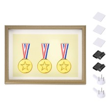 13x9" Horizontal Shadow Box Frame with Push Pins 3 Adhesive, Wood Color