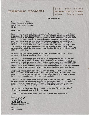 1979 ORIGINAL HARLAN ELLISON SIGNED LETTER.